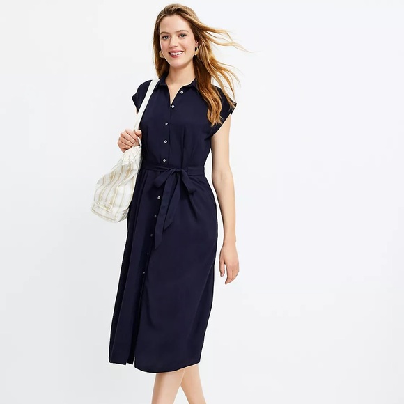 LOFT Dresses & Skirts - Ann Taylor Loft Navy Blue Button Front Short Sleeve Midi Shirt Dress 12